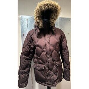 Lands' End Brown Goose Down Diamond Quilted Faux Fur Hood Puffer Jacket M 10-12